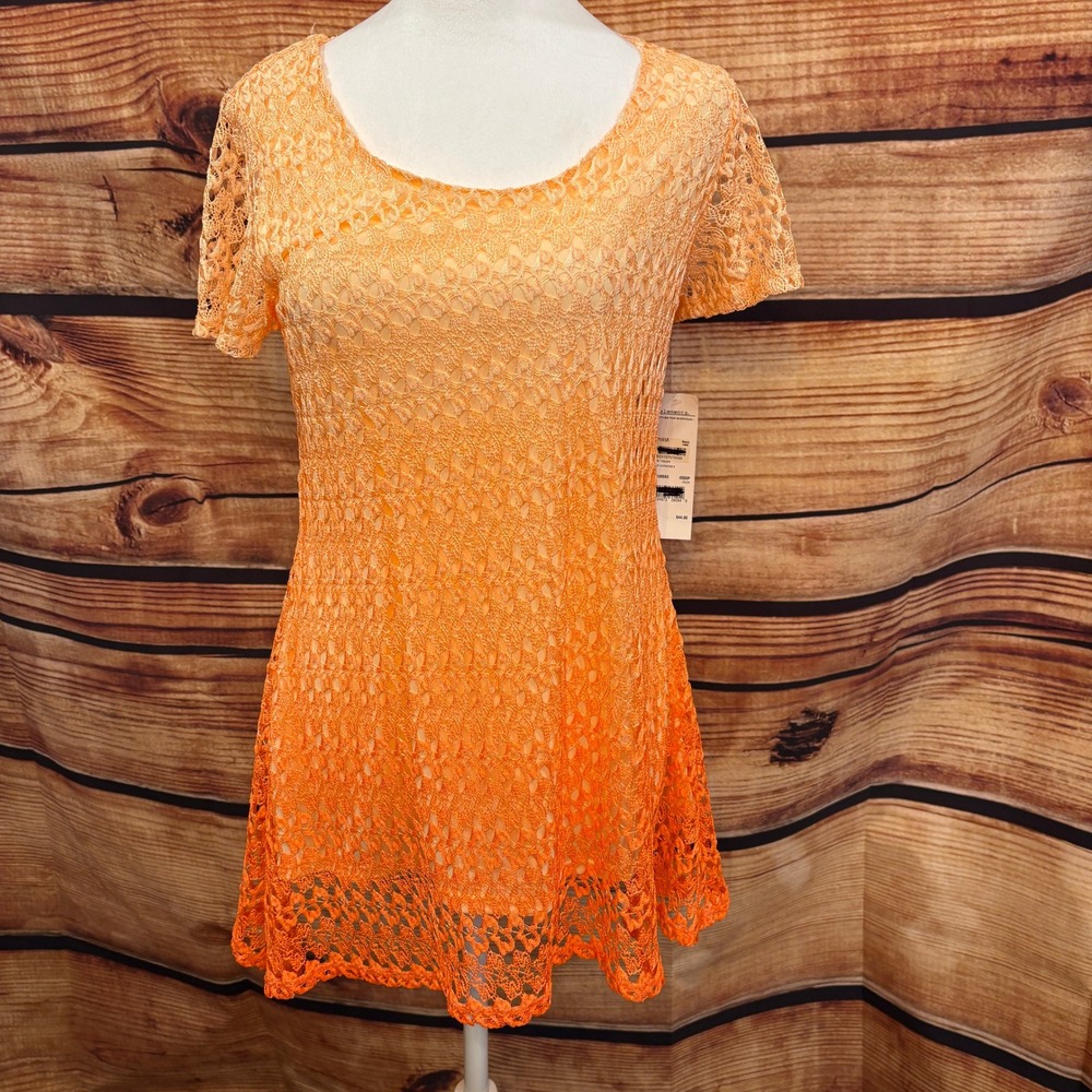 Elementz Womens Peach Orange Ombre Lace Short Sleeve Midi Dress‎ Size S